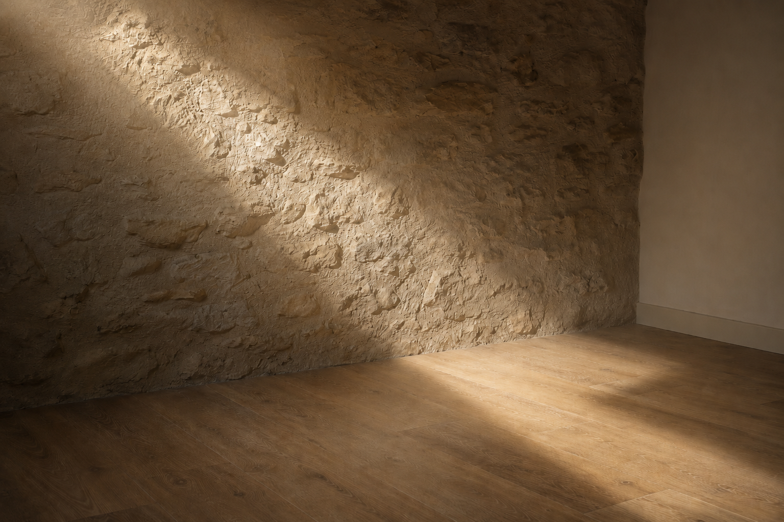 Rayon de lumière naturelle traversant le studio, jeu de pénombre sur le mur de pierre et le sol chêne