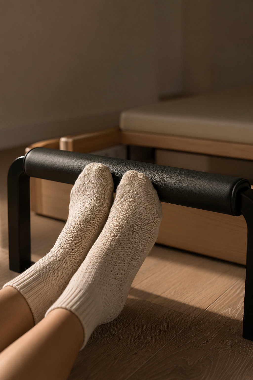 Pieds en chaussettes antidérapantes posés sur la barre noire d'un Reformer, séance Pilates Reformer