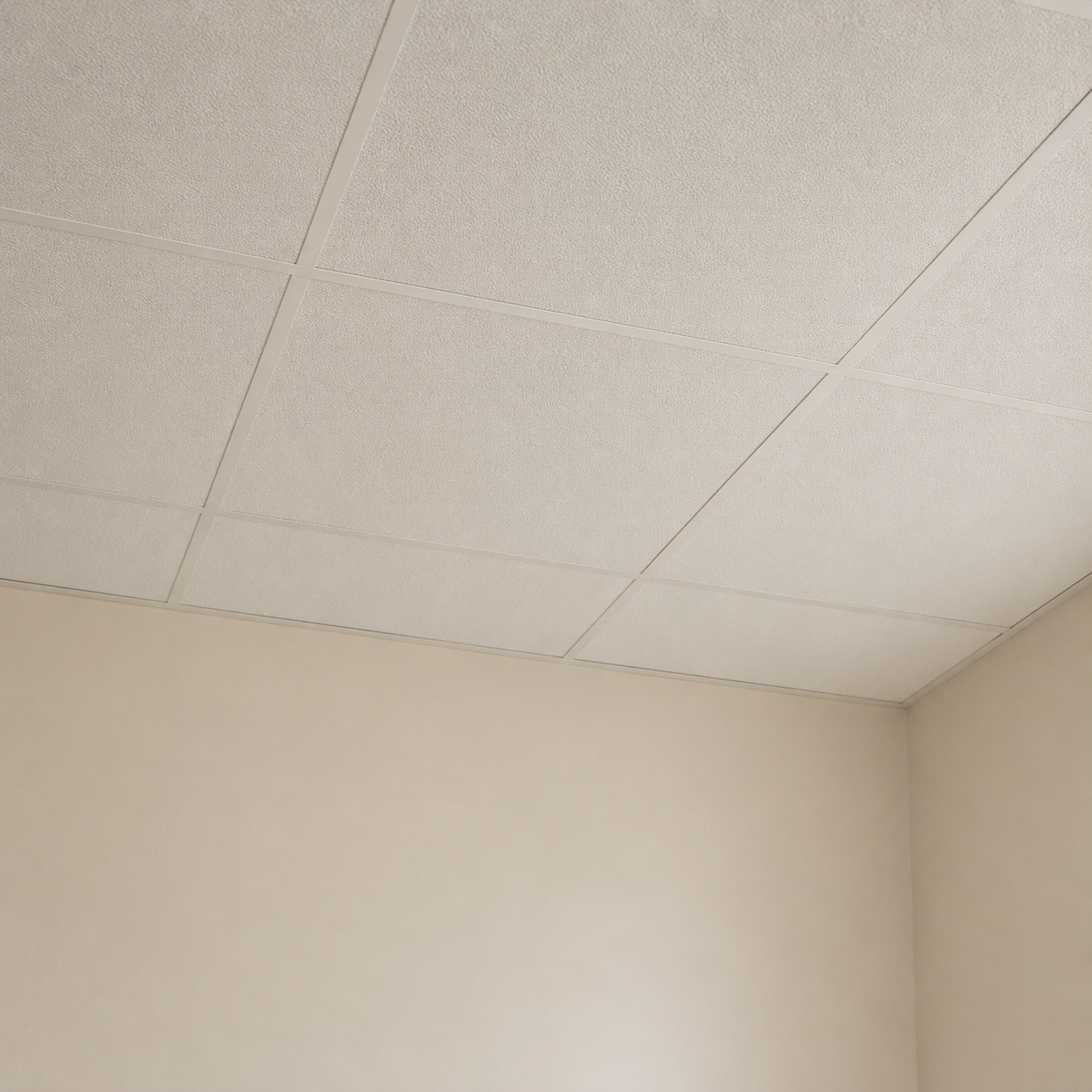 Plafond aux dalles acoustiques blanches rencontrant le mur crème du studio