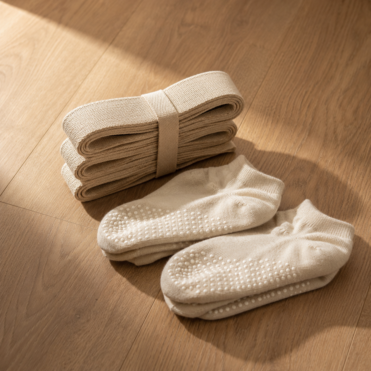 Sangles de Pilates en coton beige et chaussettes antidérapantes posées sur le sol chêne du studio